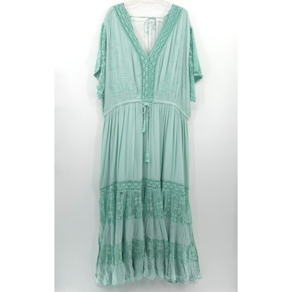 Aveology crochet & lace trim tiered maxi dress Size 30/32 green - Picture 3 of 11